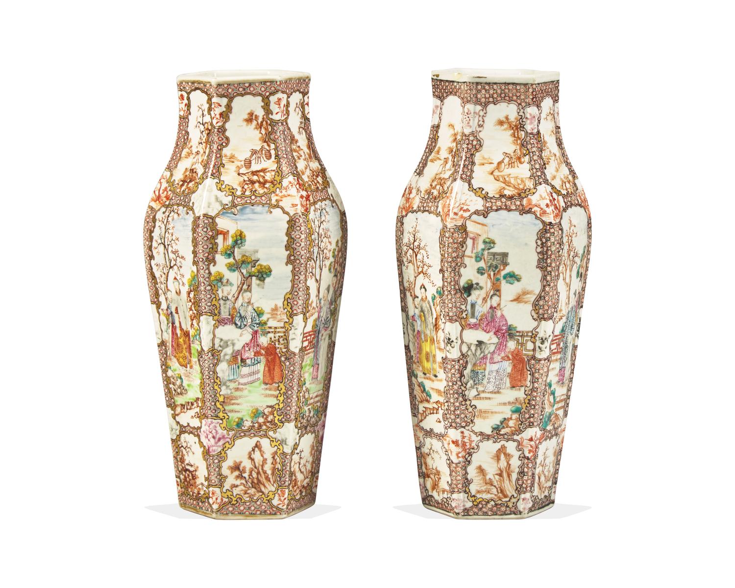 A Pair Of Chinese Export Porcelain Famille Rose Hexagonal Vases