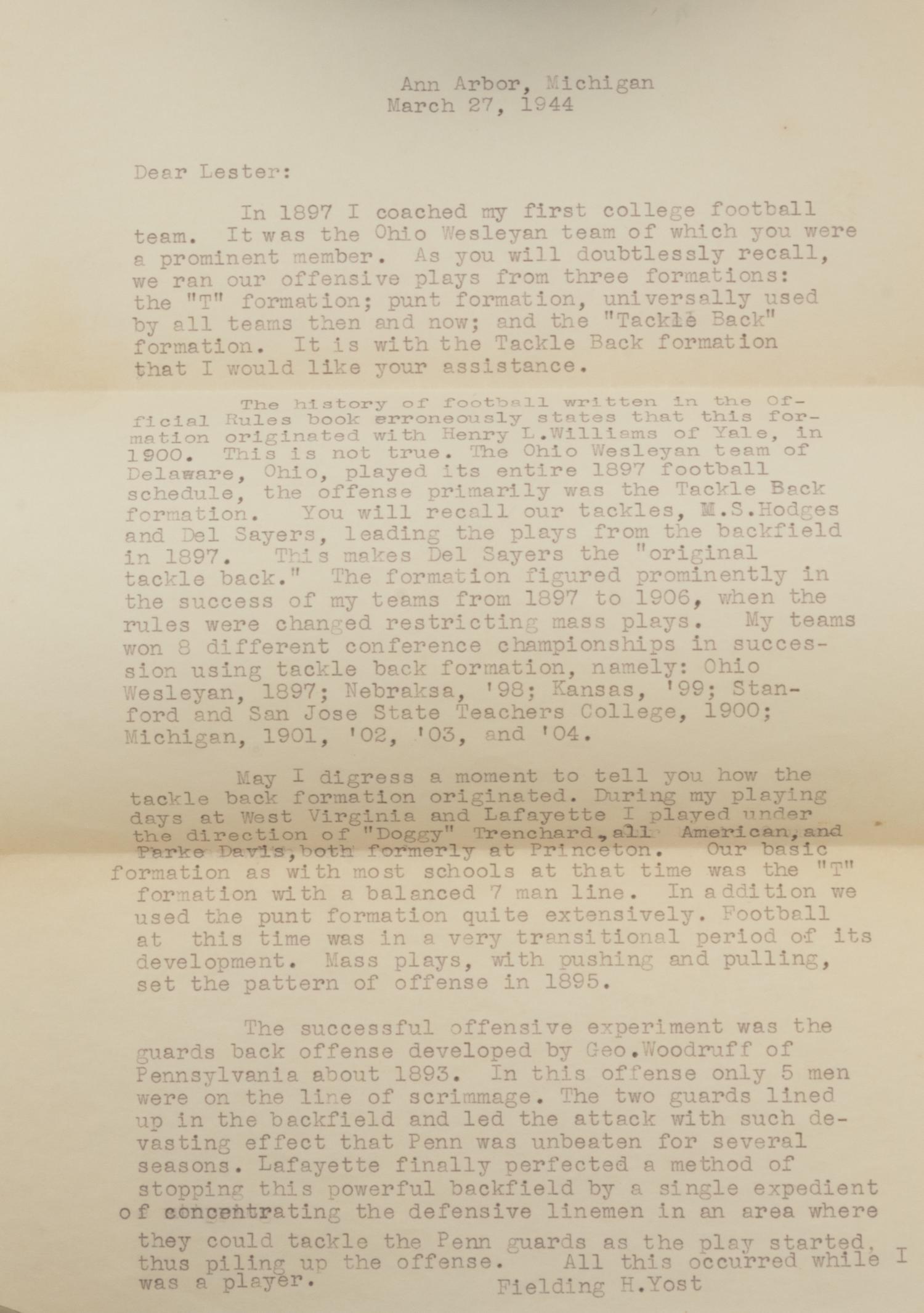 An Important Group of Fielding H. Yost Items, Including a Twice Signed Football For Player and Spectator and Letter Outlining the Origins of the Tackle Back Formation,