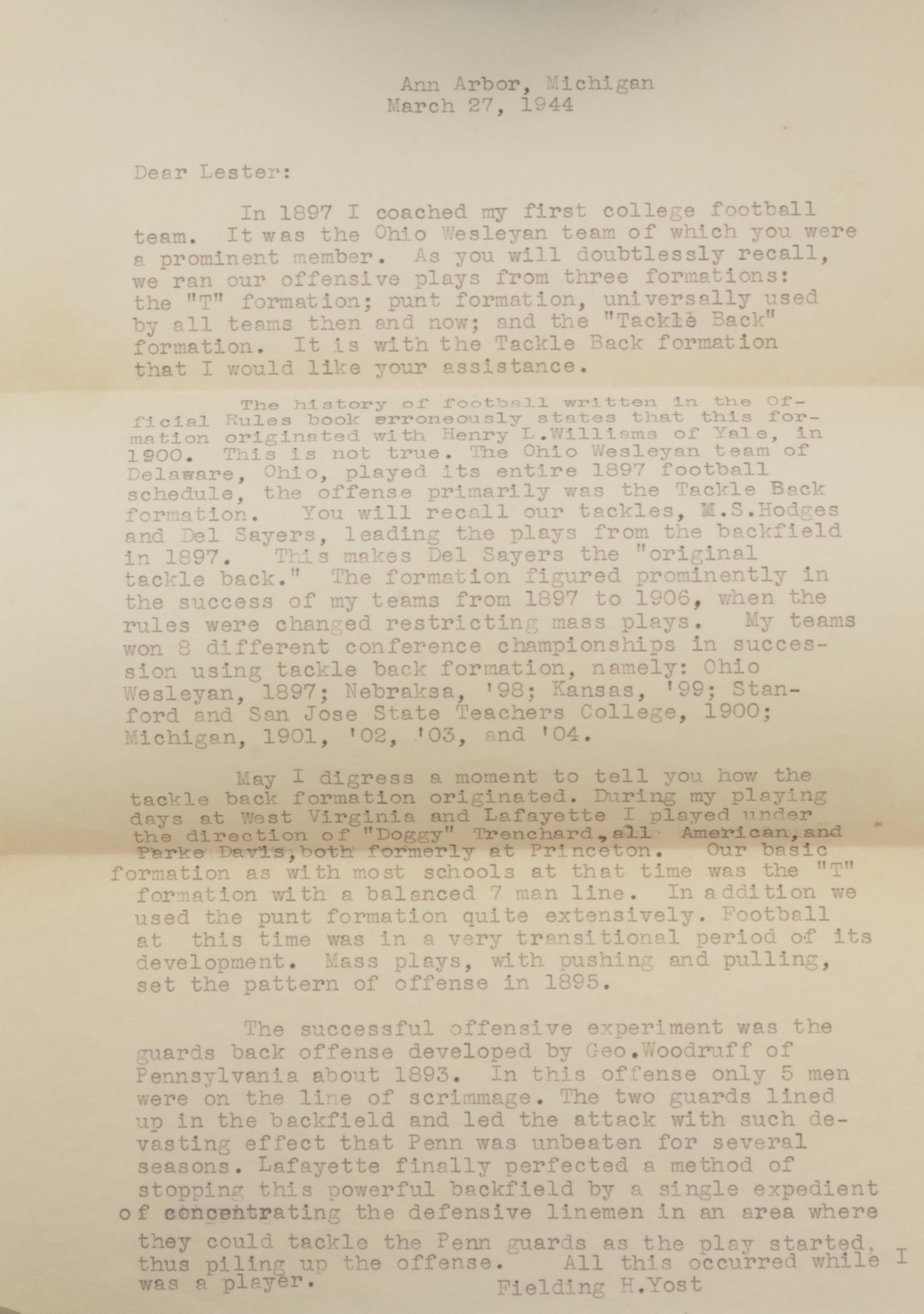 An Important Group of Fielding H. Yost Items, Including a Twice Signed Football For Player and Spectator and Letter Outlining the Origins of the Tackle Back Formation,