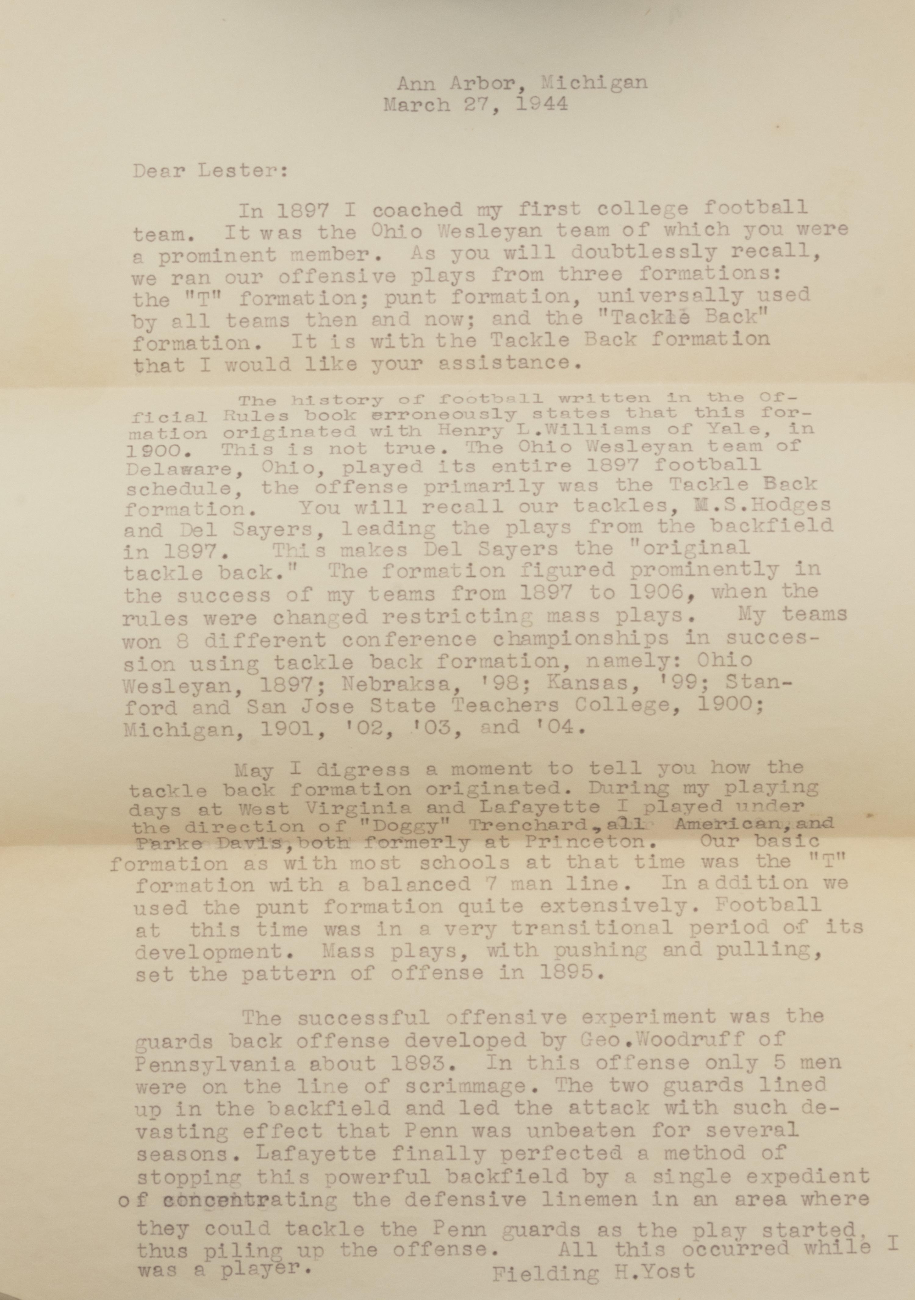 An Important Group of Fielding H. Yost Items, Including a Twice Signed Football For Player and Spectator and Letter Outlining the Origins of the Tackle Back Formation,