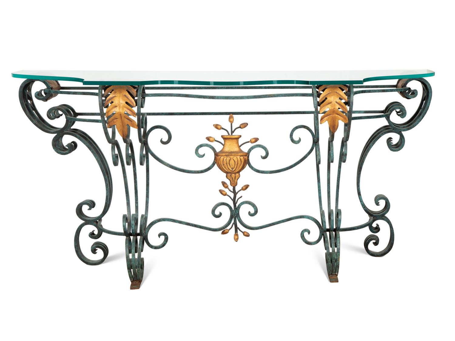A Painted and Parcel Gilt Wrought Iron Glass-Top Console Table