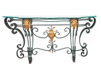 A Painted and Parcel Gilt Wrought Iron Glass-Top Console Table