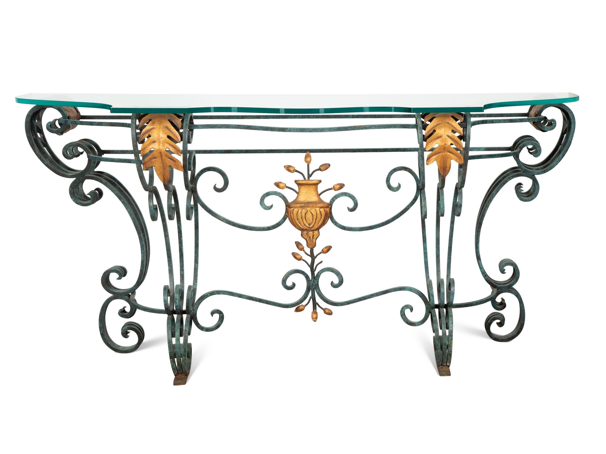 A Painted and Parcel Gilt Wrought Iron Glass-Top Console Table