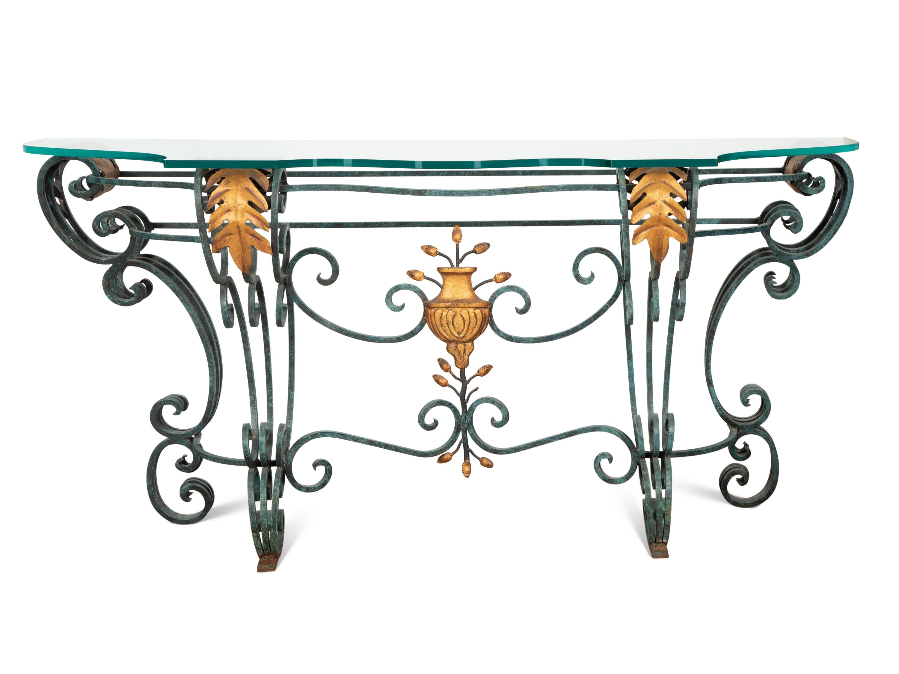 A Painted and Parcel Gilt Wrought Iron Glass-Top Console Table