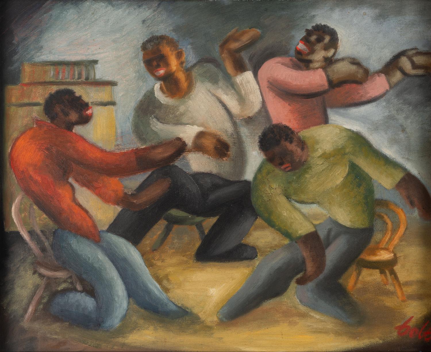 [HARLEM RENAISSANCE]. Painting depicting a group of men dancing.