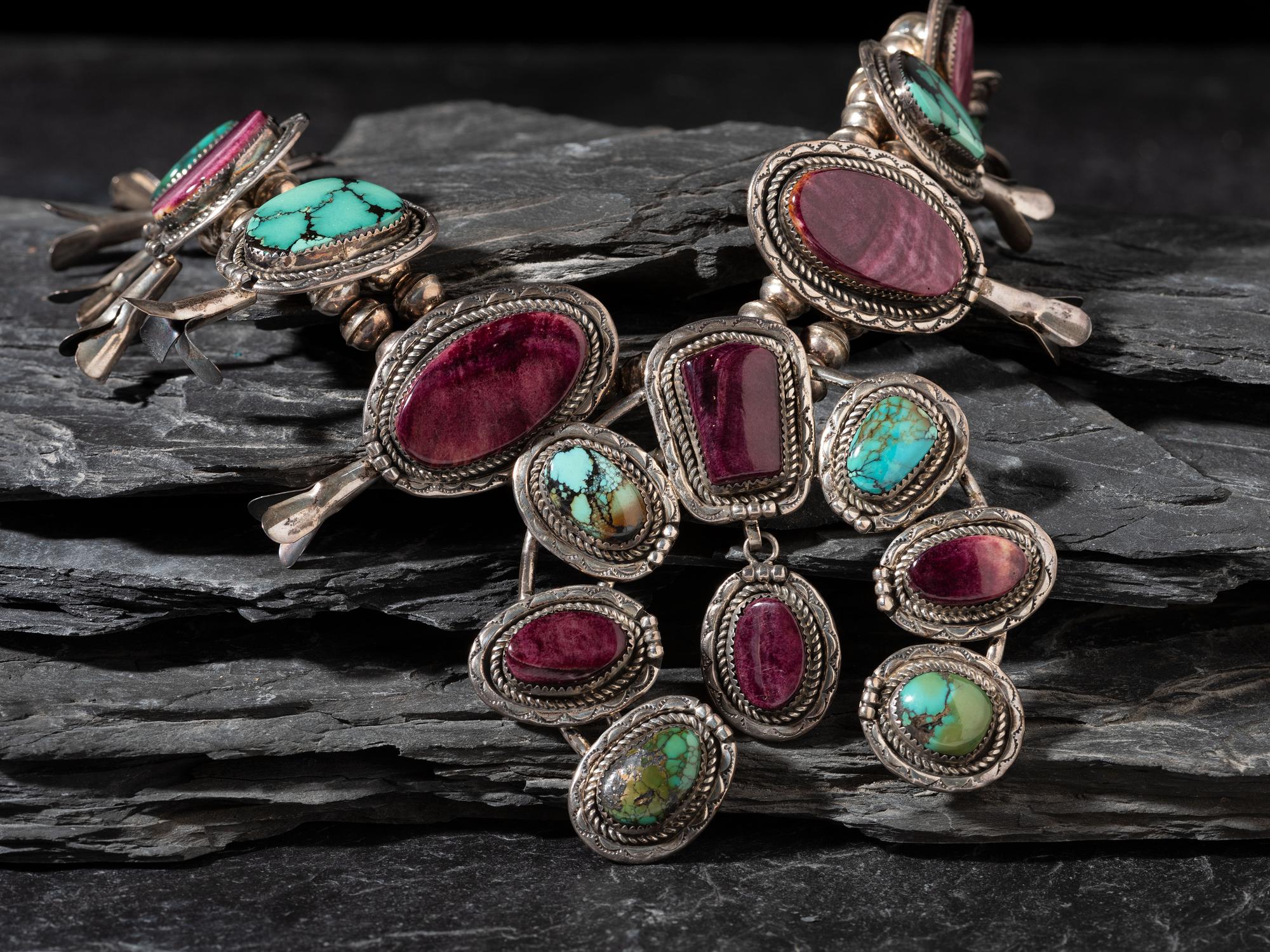 Navajo Silver, Turquoise, and Sugilite Squash Blossom Necklace