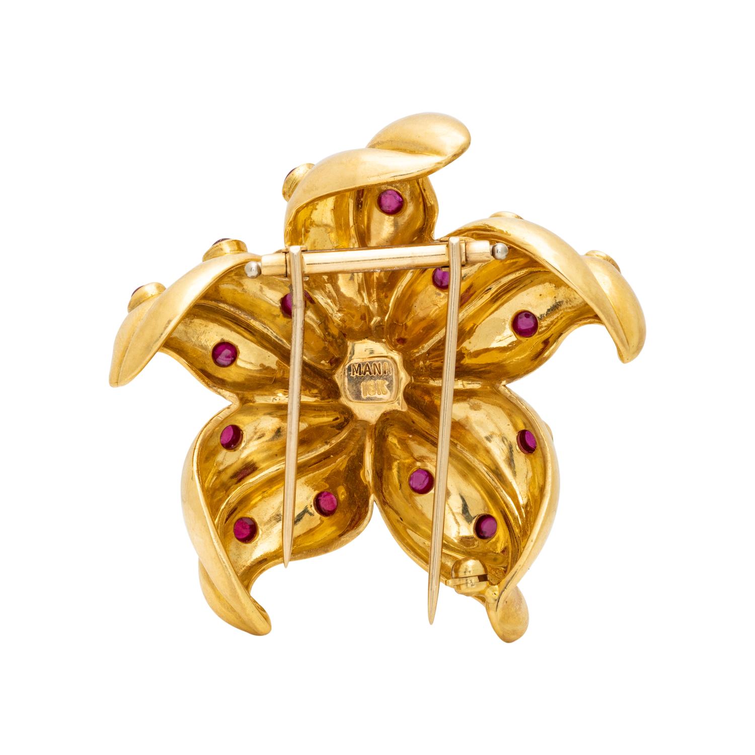 YELLOW GOLD RUBY AND DIAMOND FLOWER BROOCH