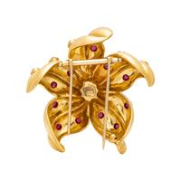 YELLOW GOLD RUBY AND DIAMOND FLOWER BROOCH