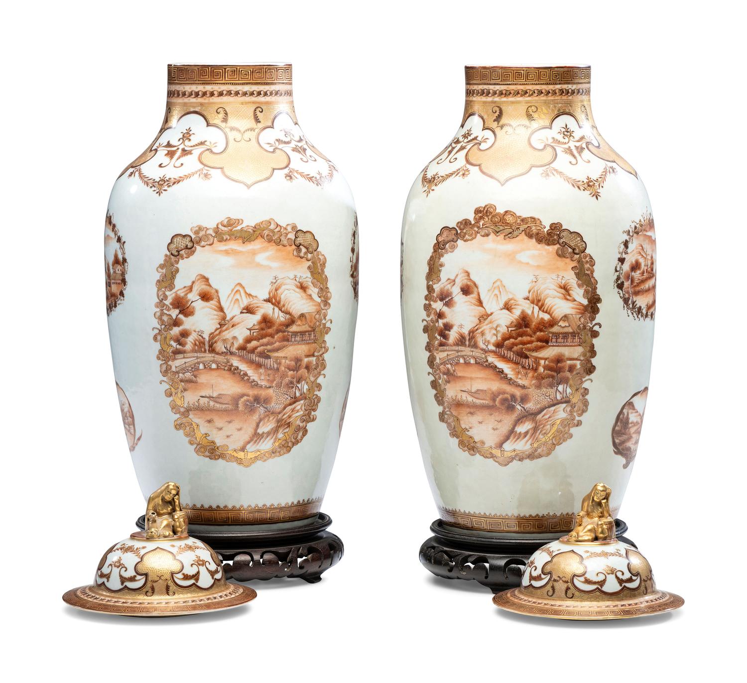 A Pair of Chinese Export Parcel Gilt and Sepia Decorated Porcelain Covered Urns