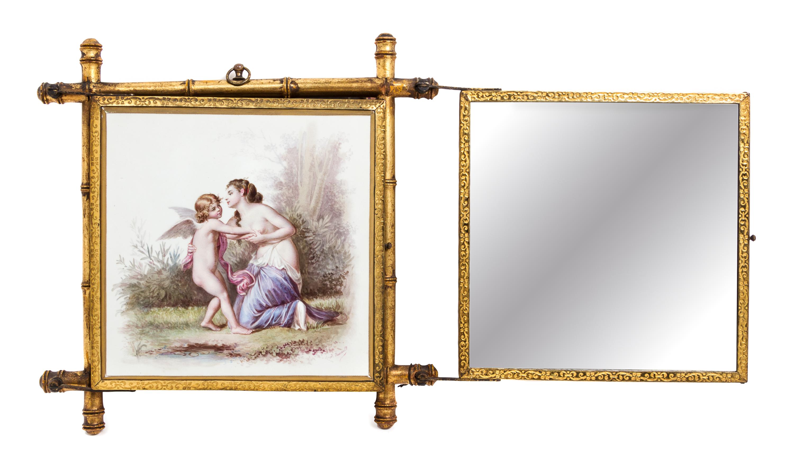 A Continental Porcelain Mounted Three-Panel Mirror Height 13 x width 33 5/8 inches (open). — 19TH CENTURY