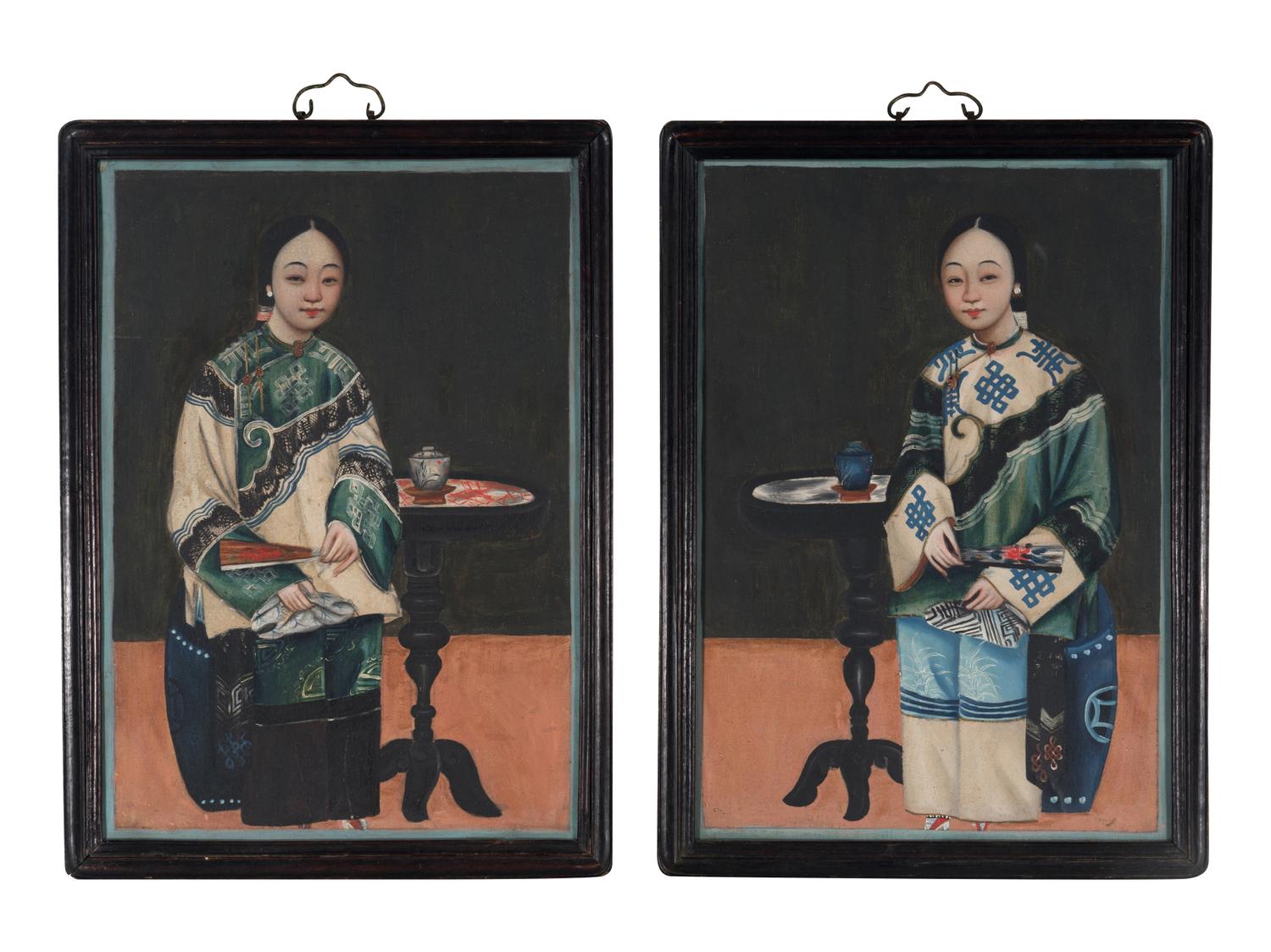 A Pair of Chinese Export Oil on Canvas 'Ladies' Paintings
