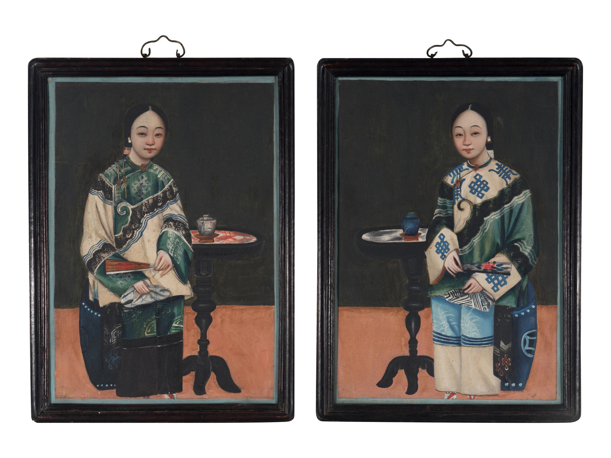 A Pair of Chinese Export Oil on Canvas 'Ladies' Paintings