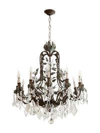 A Continental Patinated Bronze, Tole and Cut Glass Twelve-Light Chandelier