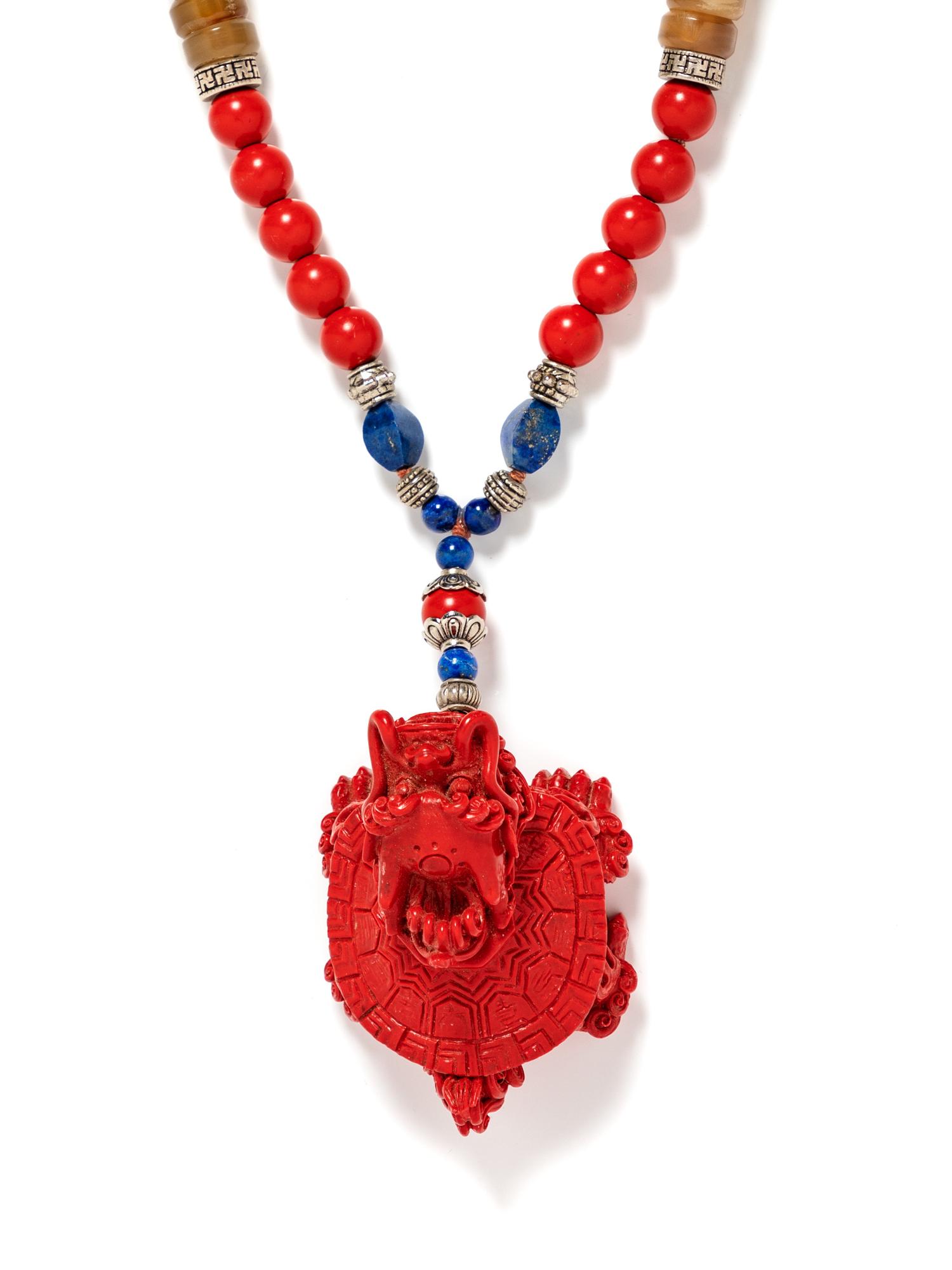 A Lapis and red Dragon Necklace and Earrings, 20th Century