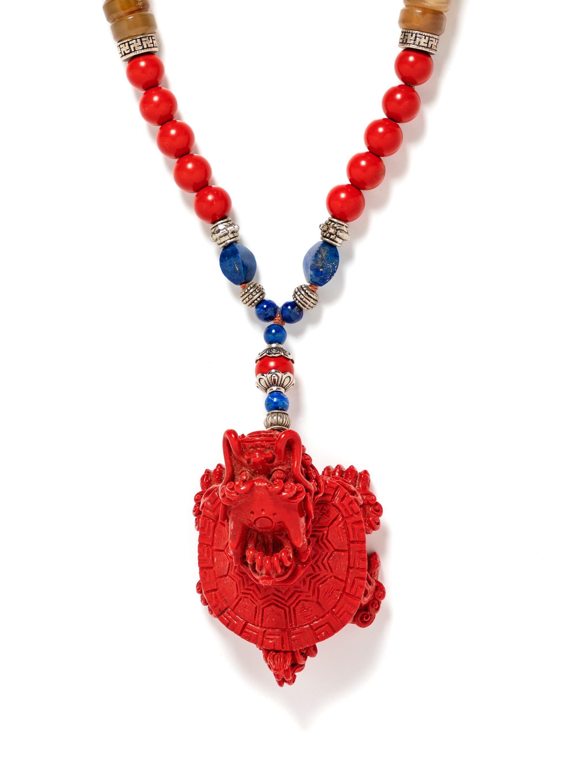 A Lapis and red Dragon Necklace and Earrings, 20th Century