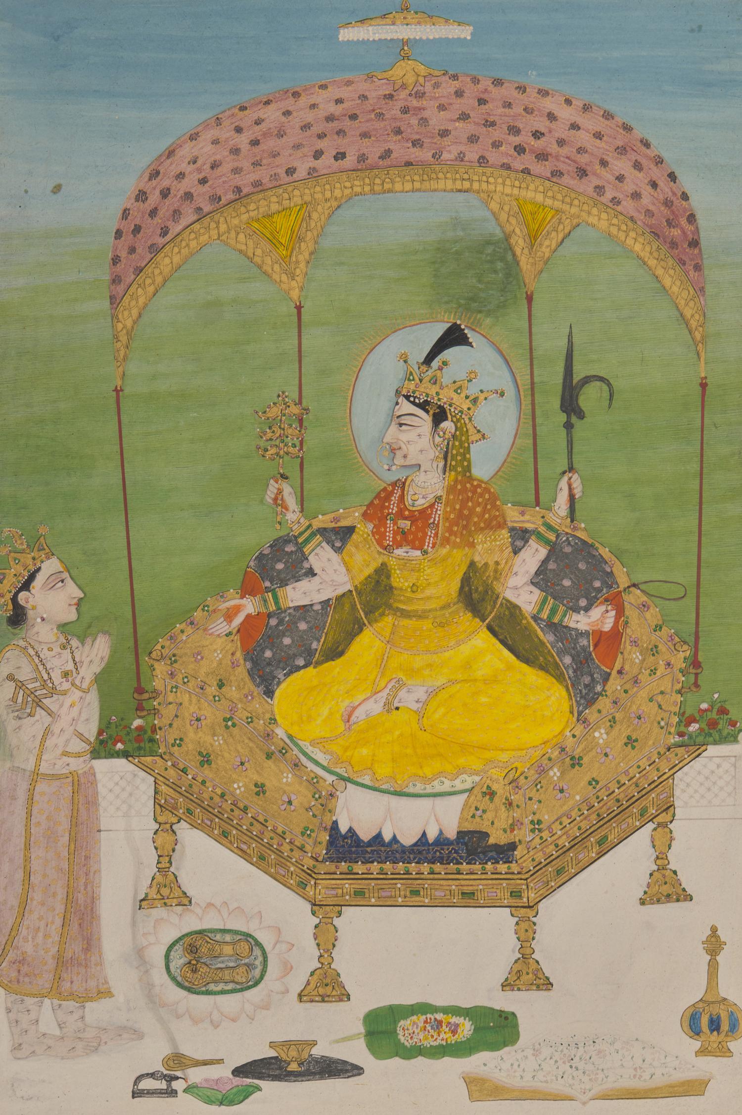 A Painting of The Great Goddess as Indrani, Venerated by the God Indra, Pahari; Panjab Hills, Circa 1800