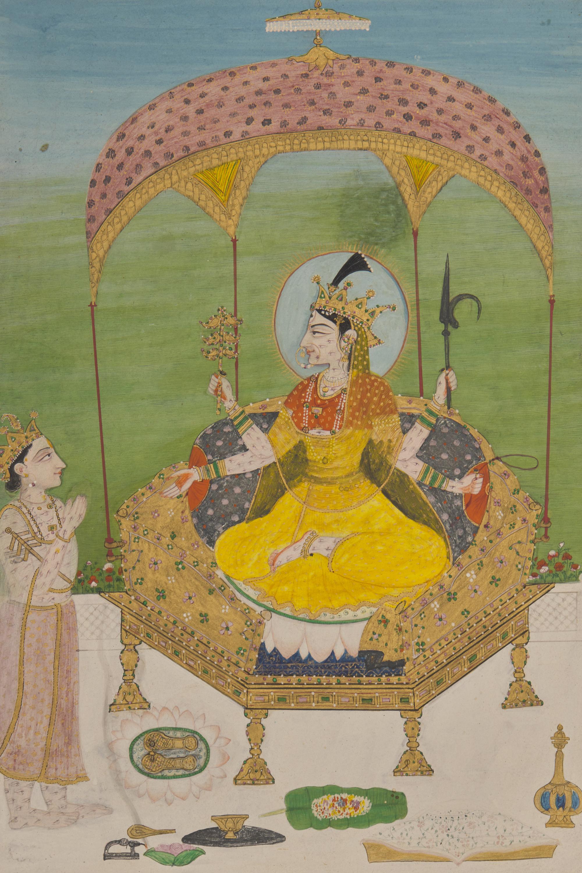 A Painting of The Great Goddess as Indrani, Venerated by the God Indra, Pahari; Panjab Hills, Circa 1800