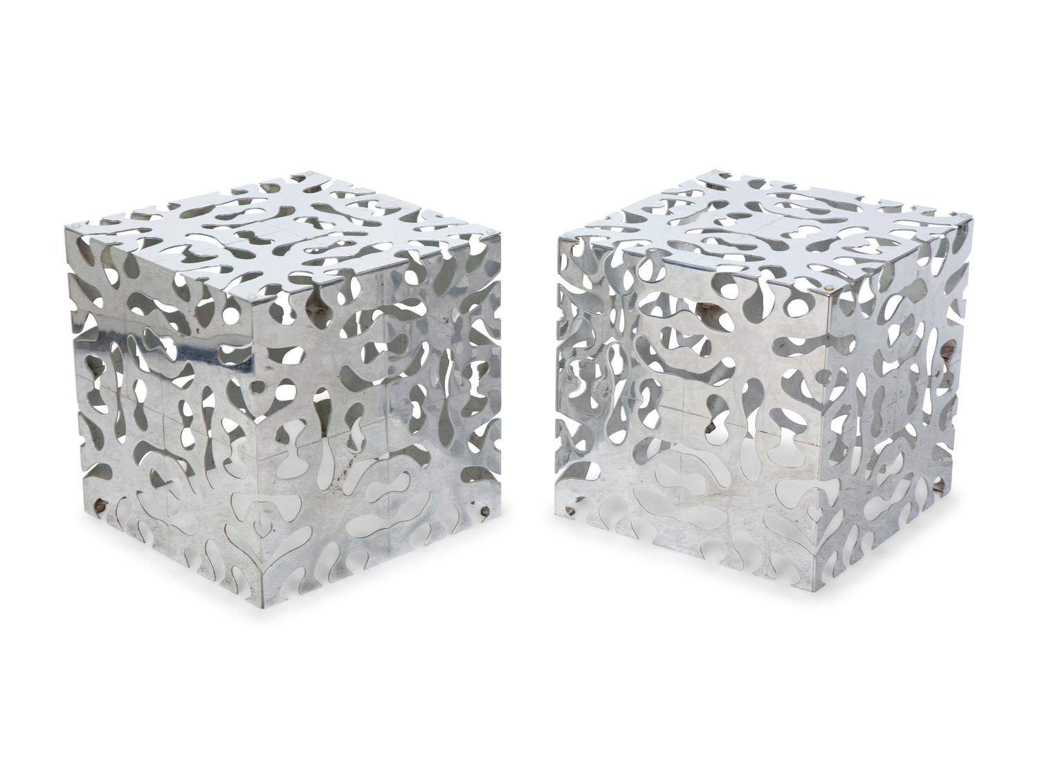 A Pair of Tri-Mark Reticulated Chrome-Plated Steel Cube Tables — MID-20TH CENTURY