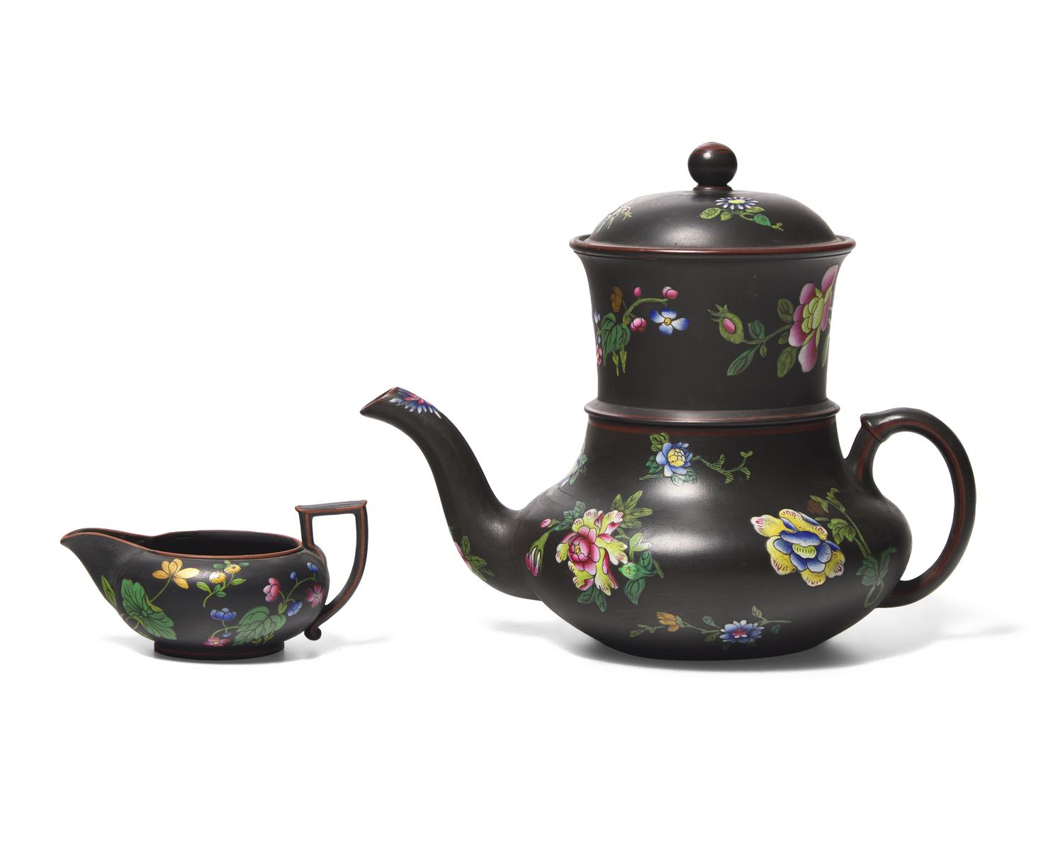 A Wedgwood Capriware Black Basalt Teapot with Strainer and Creamer