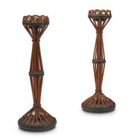 A pair of polychrome painted rattan and oak drink stands american, circa 1920