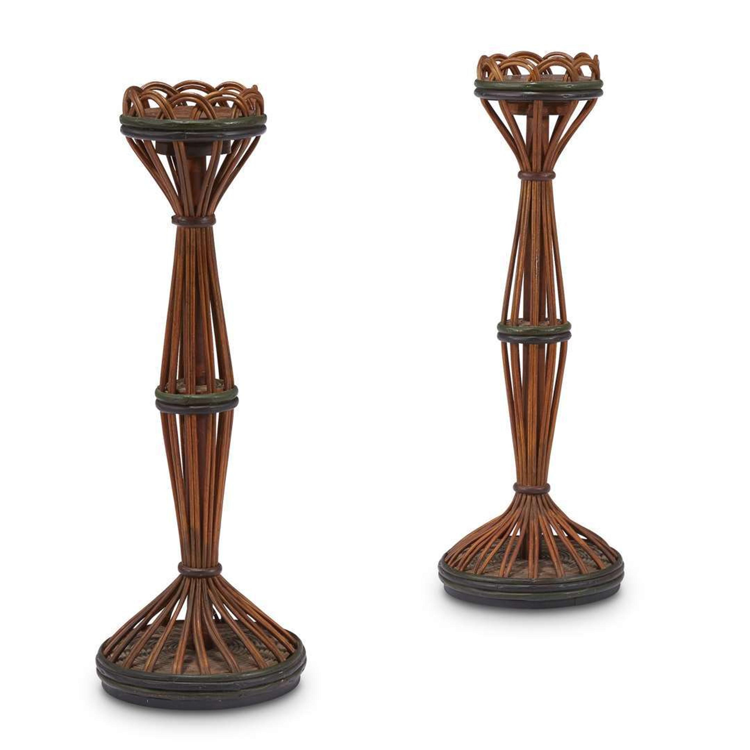 A pair of polychrome painted rattan and oak drink stands american, circa 1920
