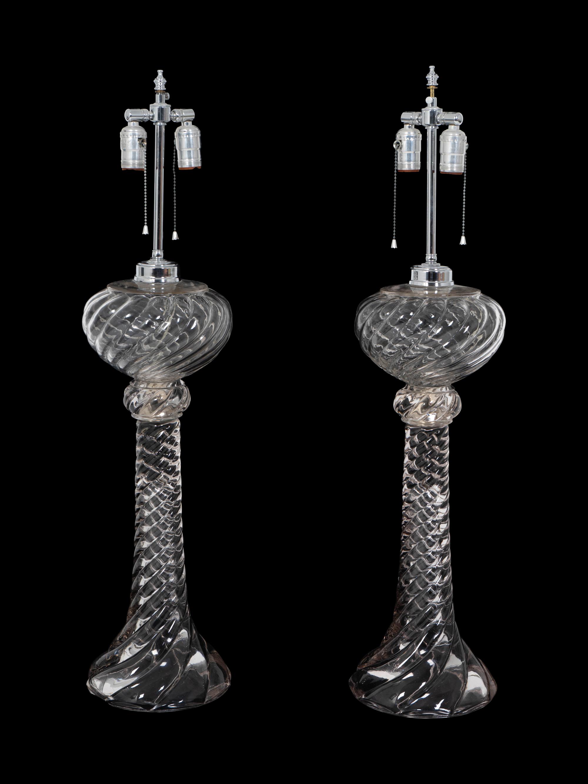 A Pair of Baccarat Blown Glass Oil Lamps Mounted as Table Lamps — 20TH CENTURY