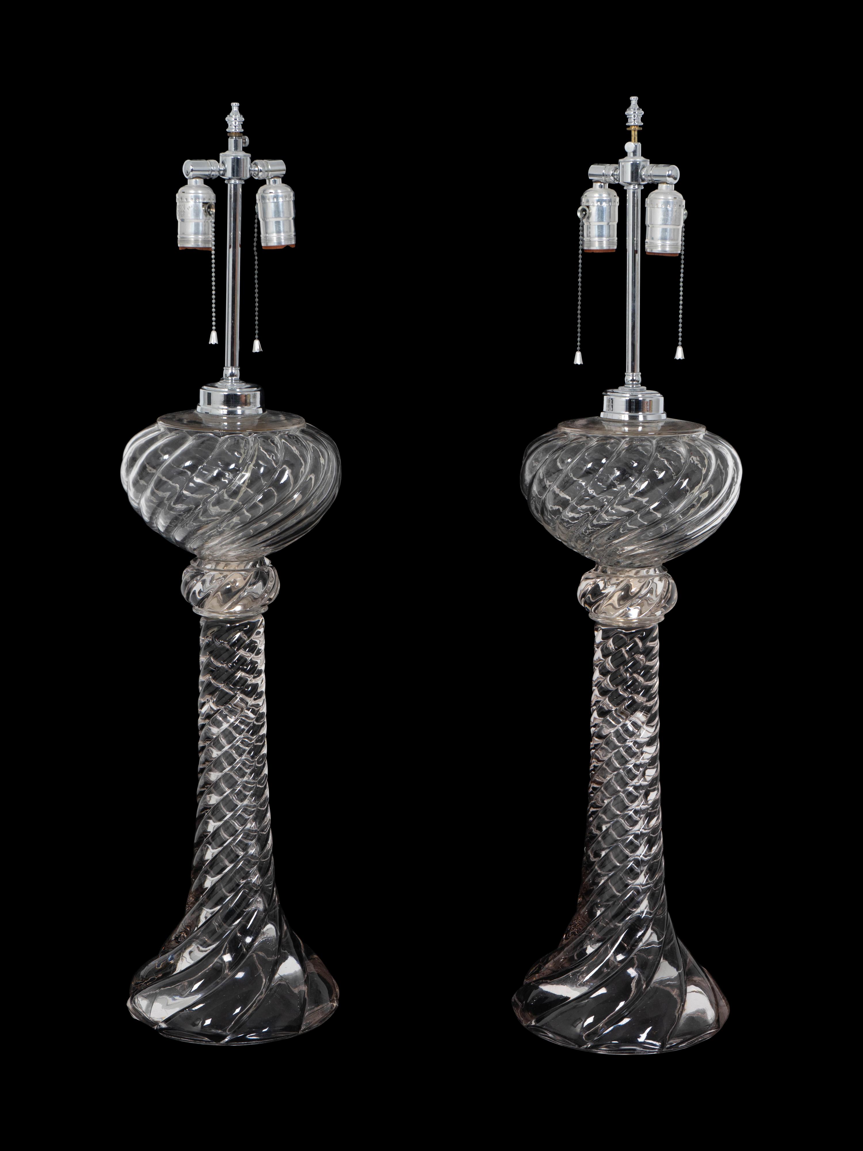 A Pair of Baccarat Blown Glass Oil Lamps Mounted as Table Lamps — 20TH CENTURY