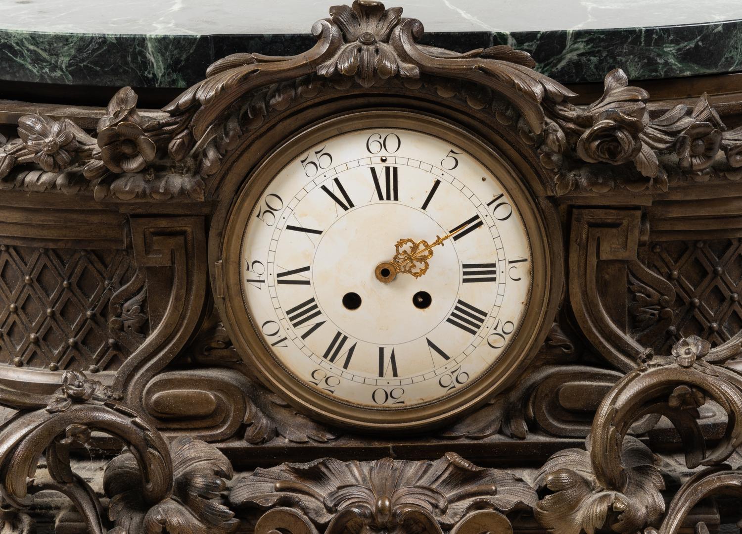 A Large Tiffany and Co. Bronze and Marble Mantel Clock