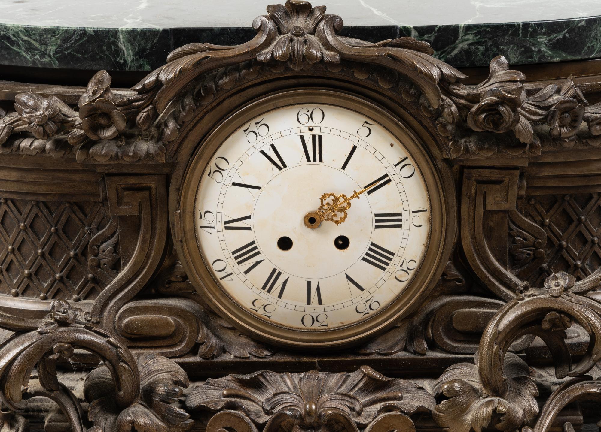 A Large Tiffany and Co. Bronze and Marble Mantel Clock