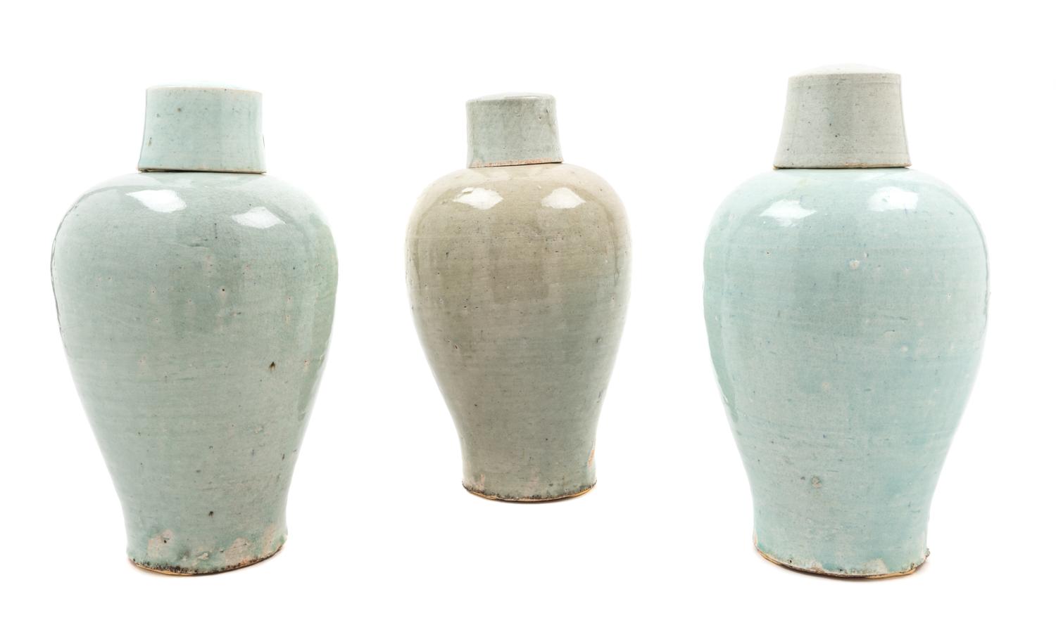 Three Qingbai Glazed Porcelain Covered Vases Height 12 1/4 inches. — YUAN DYNASTY (1279-1368 C.E.)