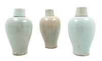 Three Qingbai Glazed Porcelain Covered Vases Height 12 1/4 inches. — YUAN DYNASTY (1279-1368 C.E.)