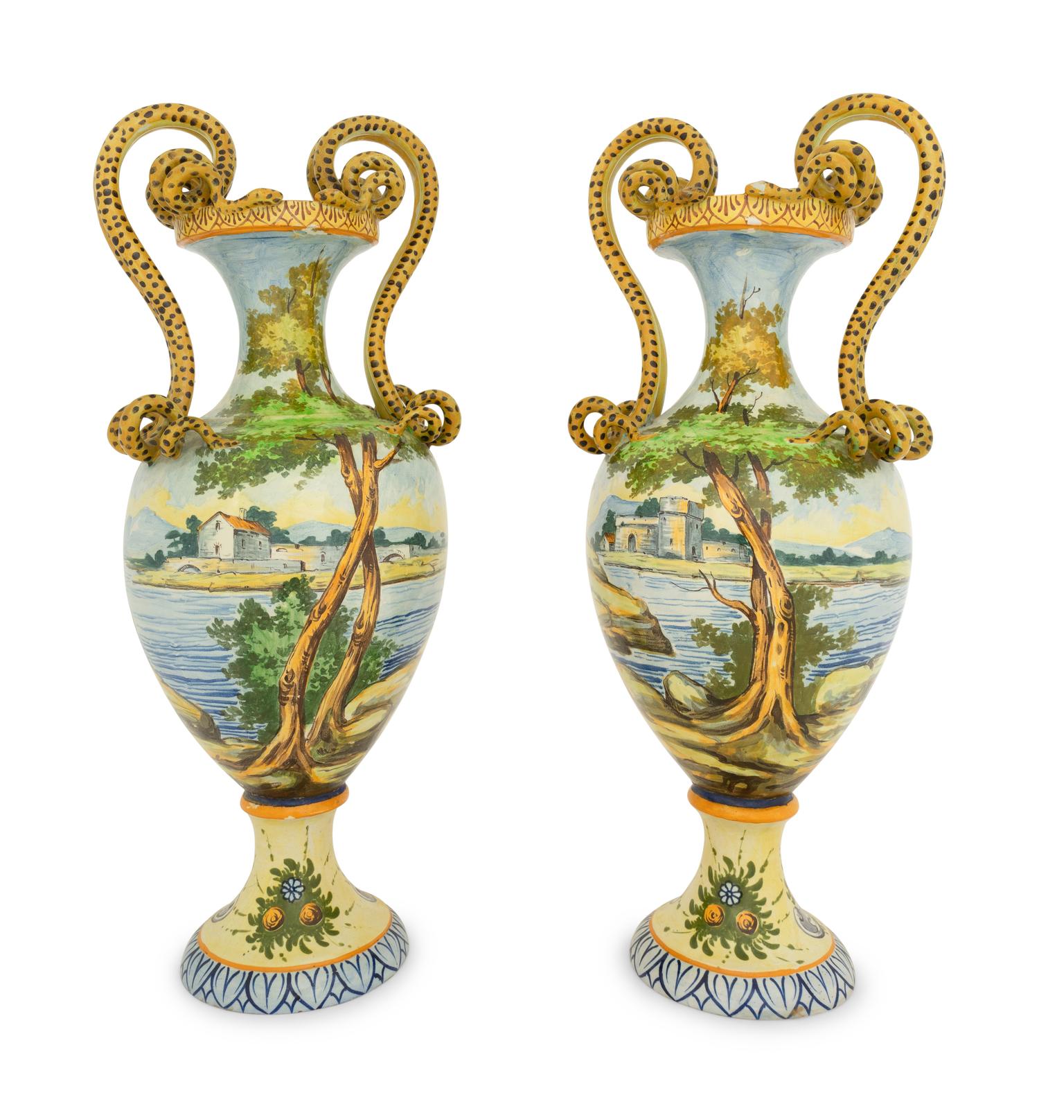A Pair of Italian Faience Vases with Snake-Form Handles