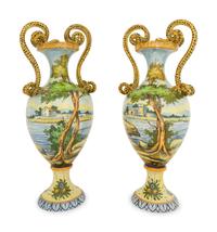 A Pair of Italian Faience Vases with Snake-Form Handles