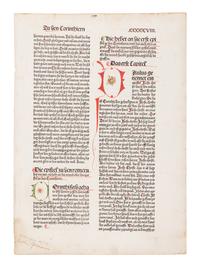 [BIBLE, in German -- PRINTED LEAF]. Single leaf, from a Koberger Bible, ca 1483.