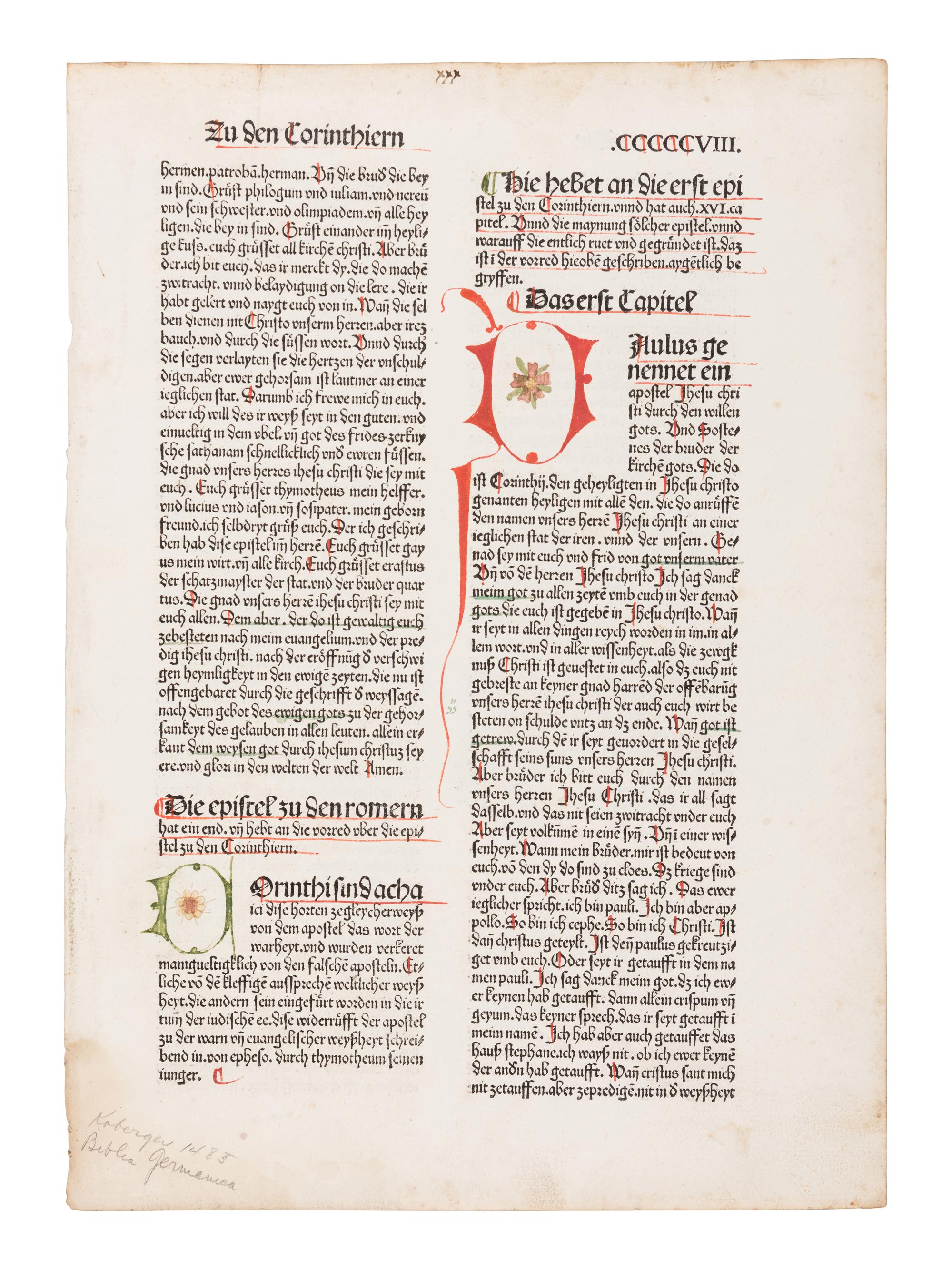 [BIBLE, in German -- PRINTED LEAF]. Single leaf, from a Koberger Bible, ca 1483.