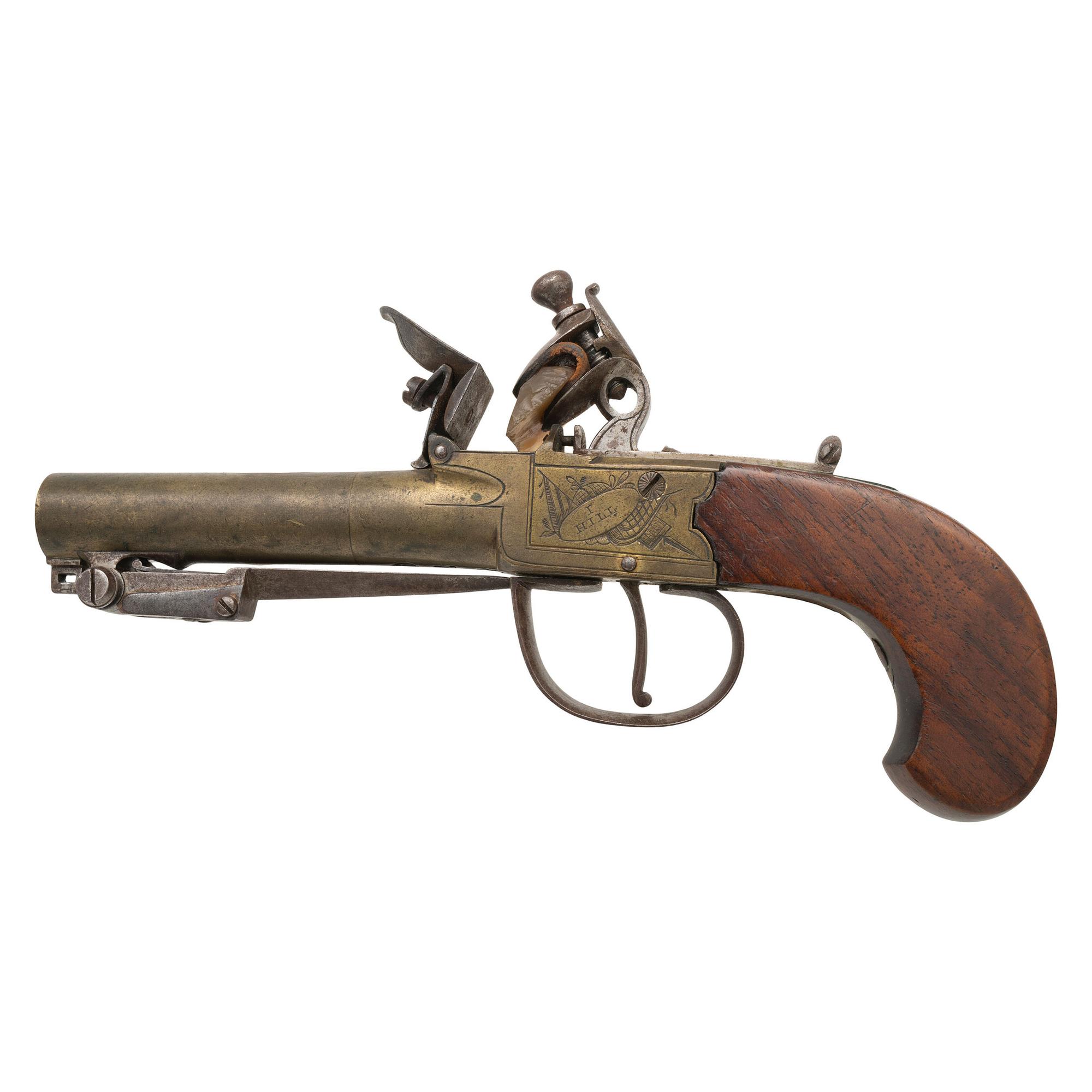 English Brass Box Lock Flint Pocket Pistol by I Hill with Snap Bayonet