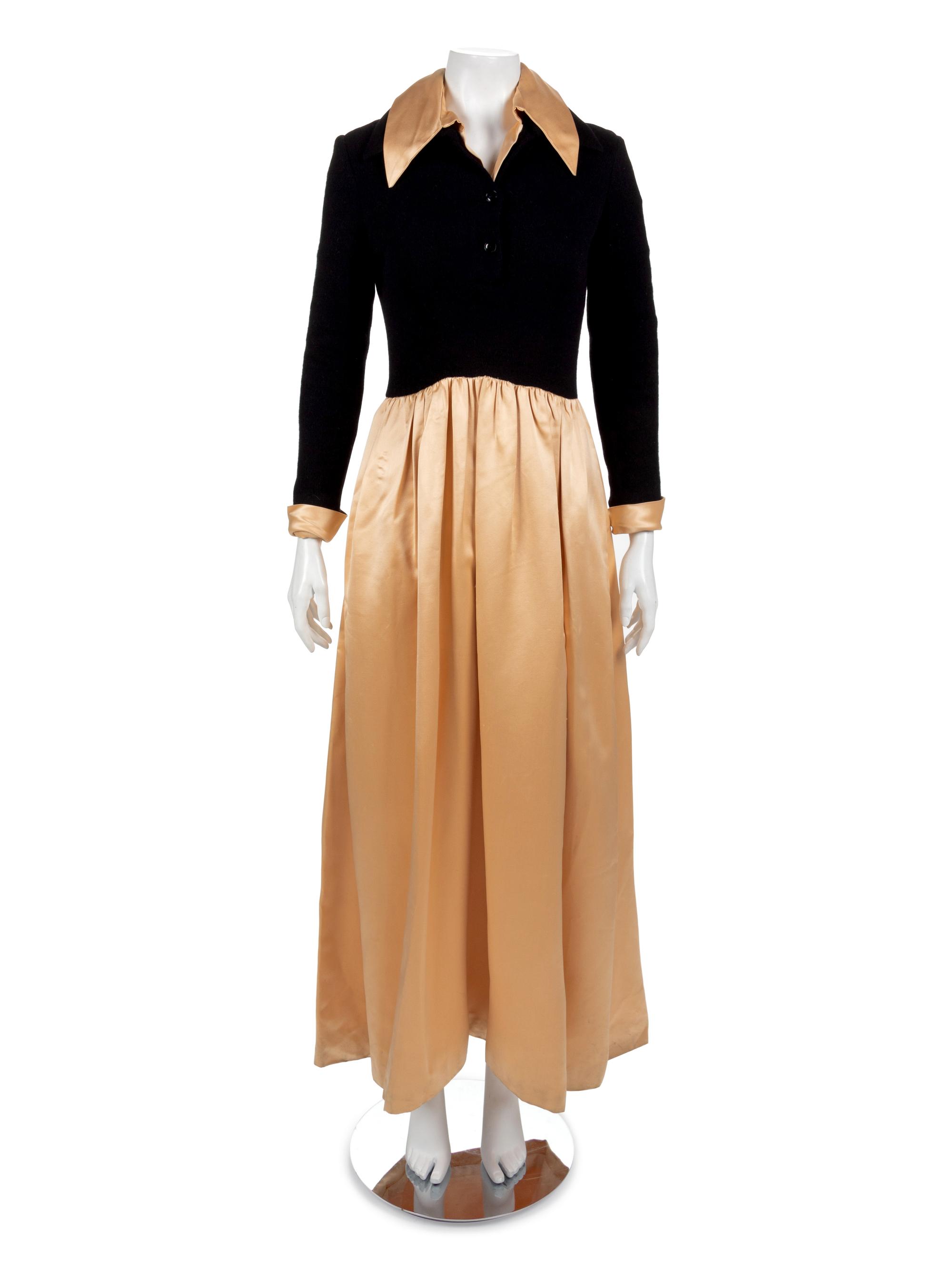 Black Wool and Peach Silk Satin Dress, 1970's