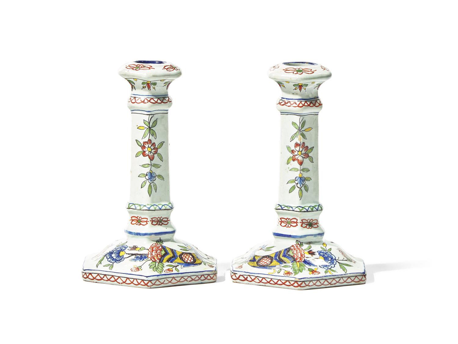 A Pair of French Faience Polychrome Candlesticks