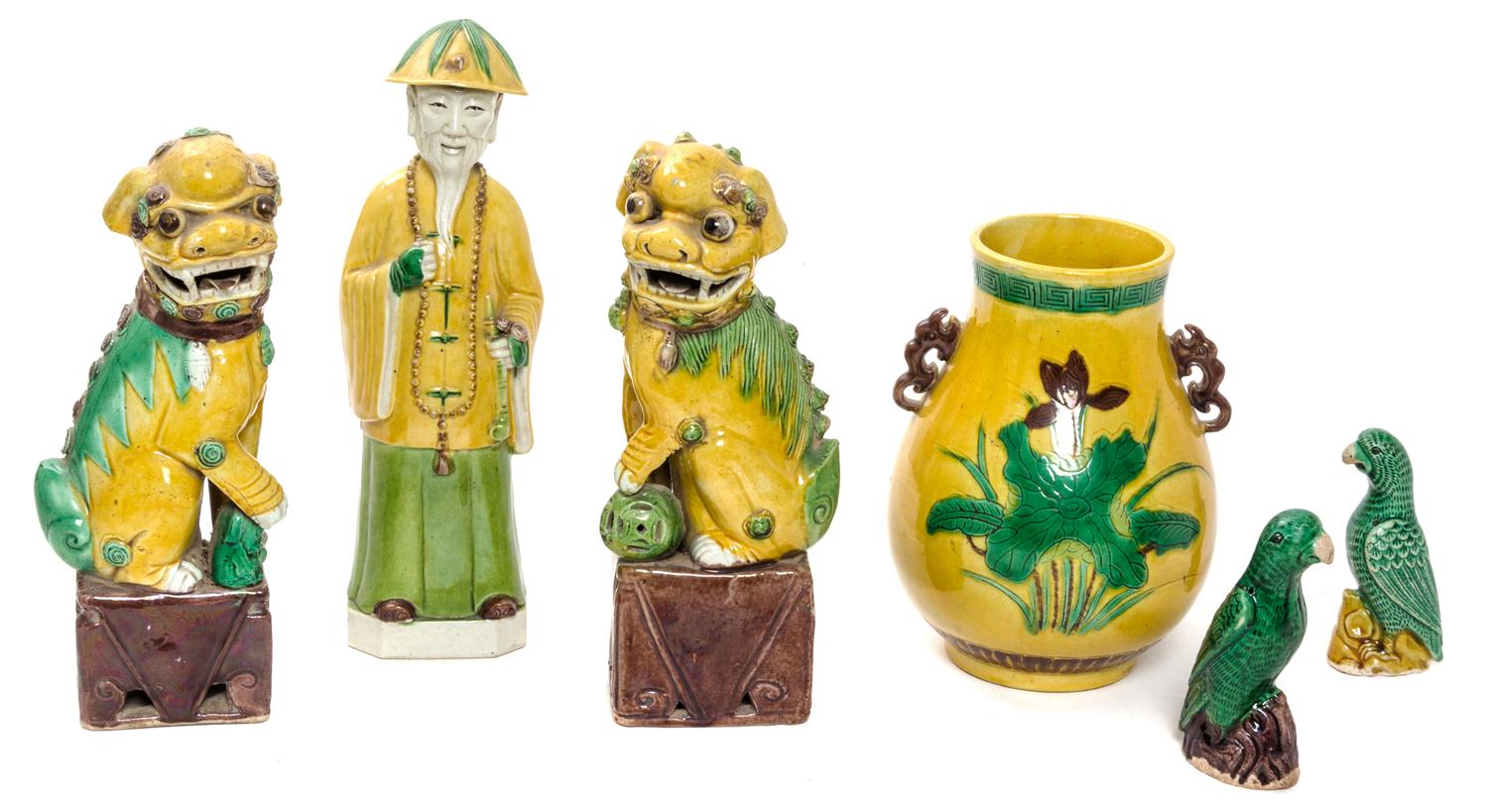A Group of Six Sancai Glazed Porcelain Articles Height of tallest 9 1/2 inches.