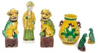 A Group of Six Sancai Glazed Porcelain Articles Height of tallest 9 1/2 inches.