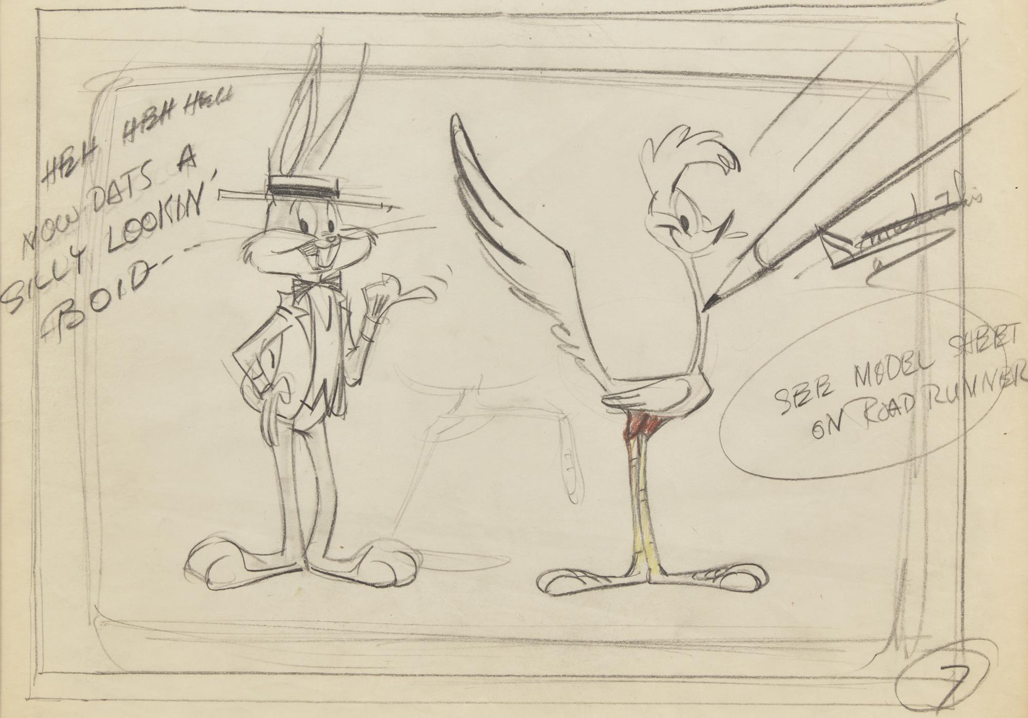 "Heh heh heh Now dats a silly lookin' boid" Original Sketch of Bugs Bunny and Road Runner, c. 1960s