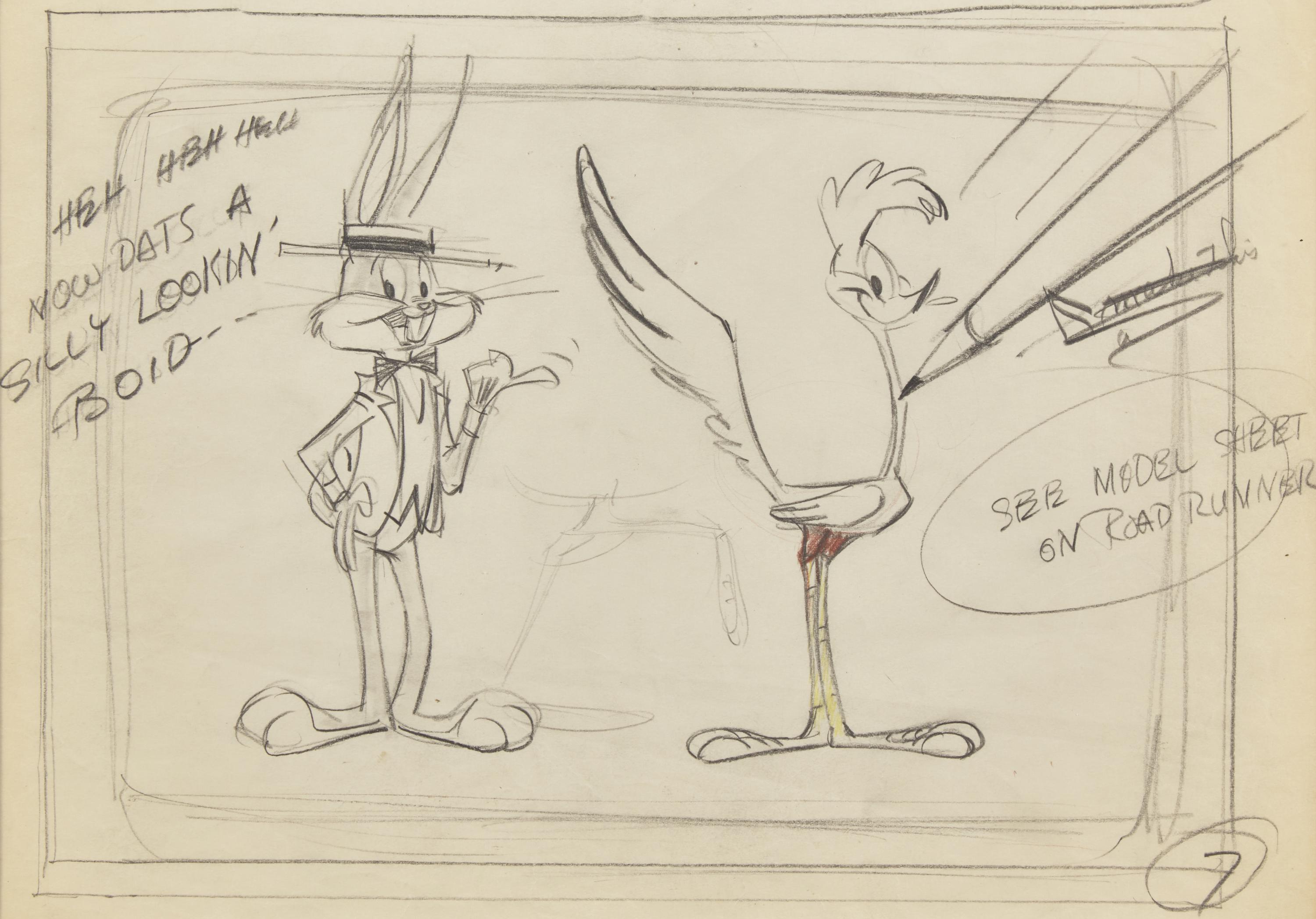 "Heh heh heh Now dats a silly lookin' boid" Original Sketch of Bugs Bunny and Road Runner, c. 1960s