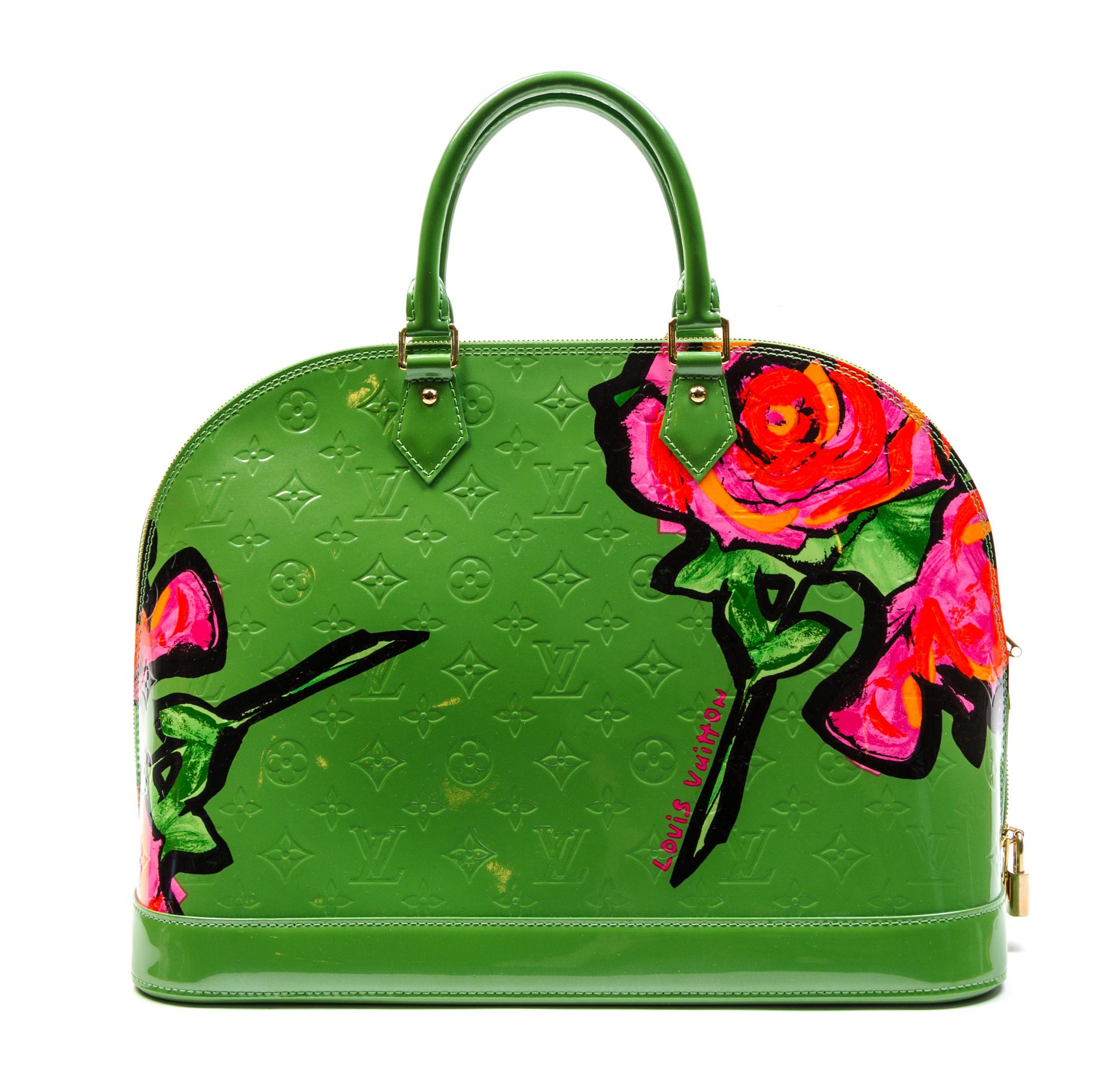 A Louis Vuitton Vert Tonic Vernis Roses Alma Bag, 15 x 10 1/2 x 7 1/2 inches.