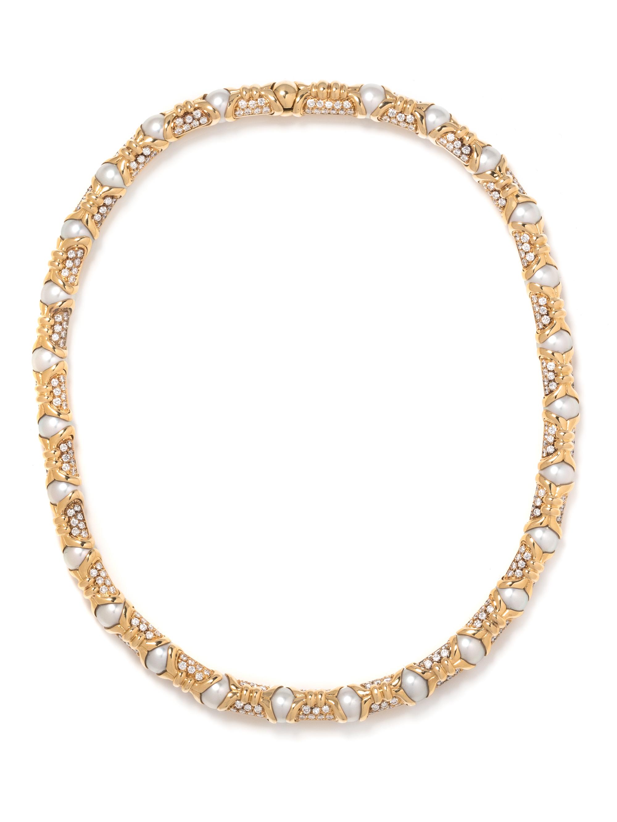 BVLGARI, YELLOW GOLD, DIAMOND AND CULTURED PEARL NECKLACE