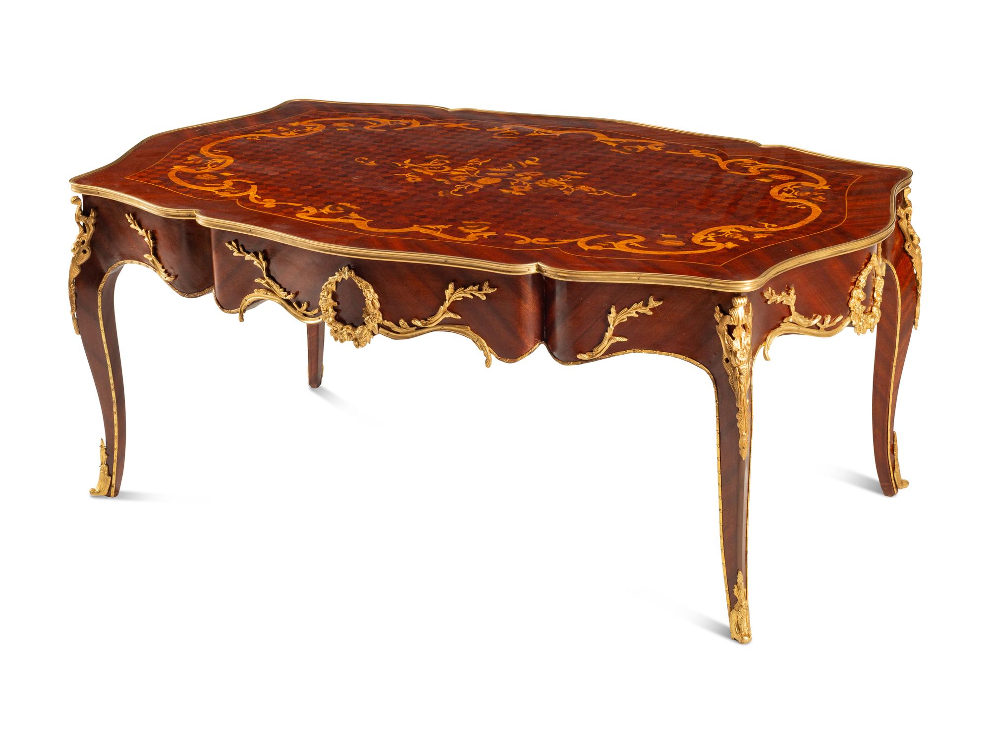 A Louis XV Style Gilt Bronze Mounted Marquetry Low Table