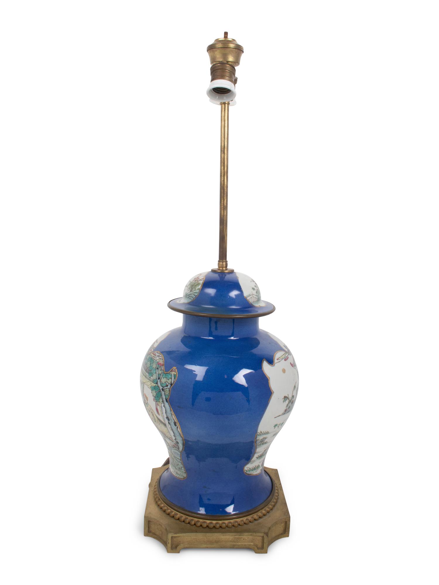 A Famille Rose Blue-Ground Porcelain Jar Mounted as a Lamp