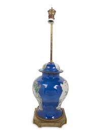 A Famille Rose Blue-Ground Porcelain Jar Mounted as a Lamp