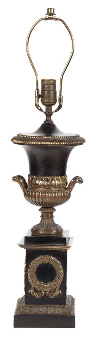A Louis XVI Style Black and Gilt Table Lamp Height overall 25 1/2 inches. — 20TH CENTURY