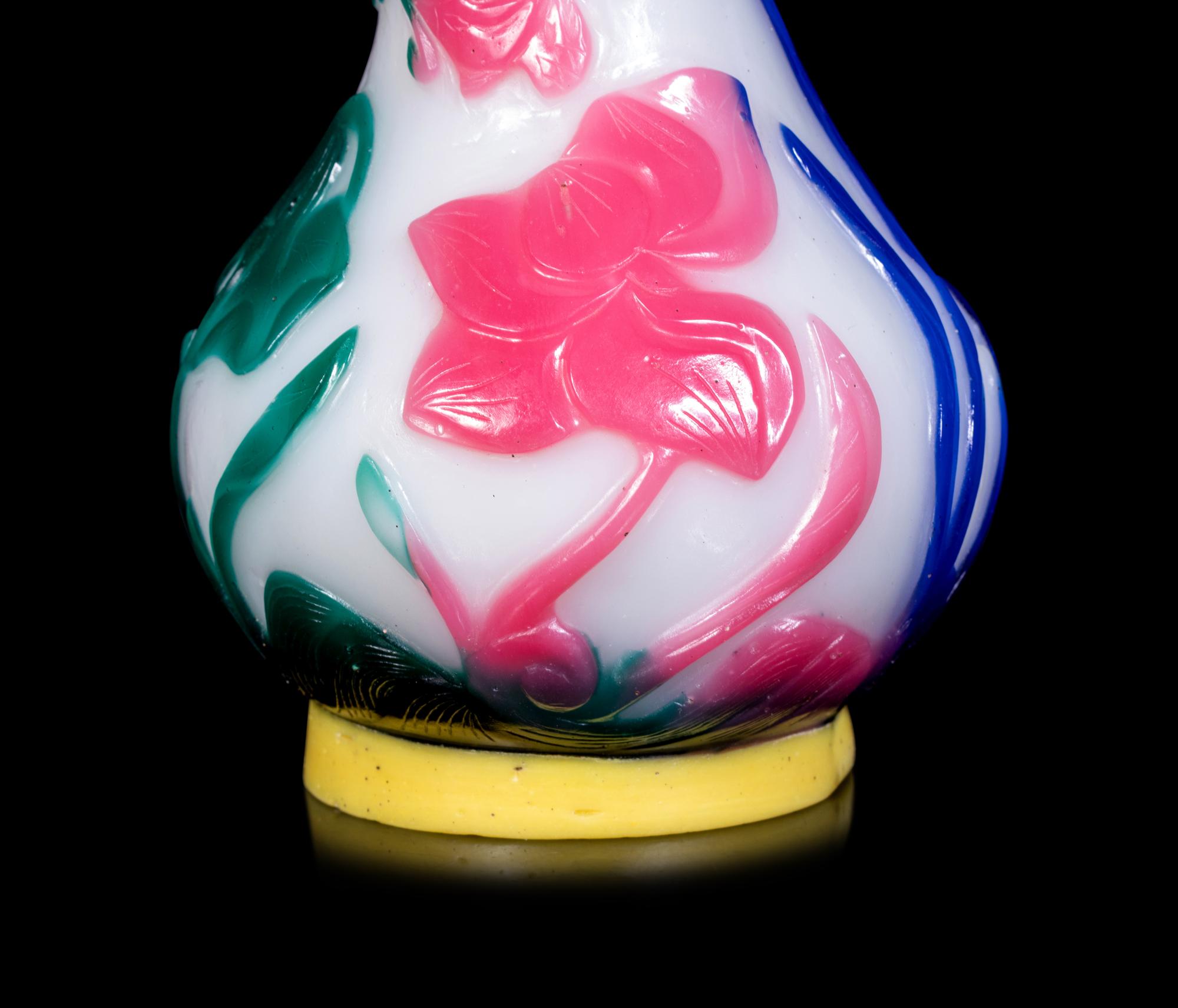 Four Chinese Multi-Colored Overlay Translucent White Glass Articles