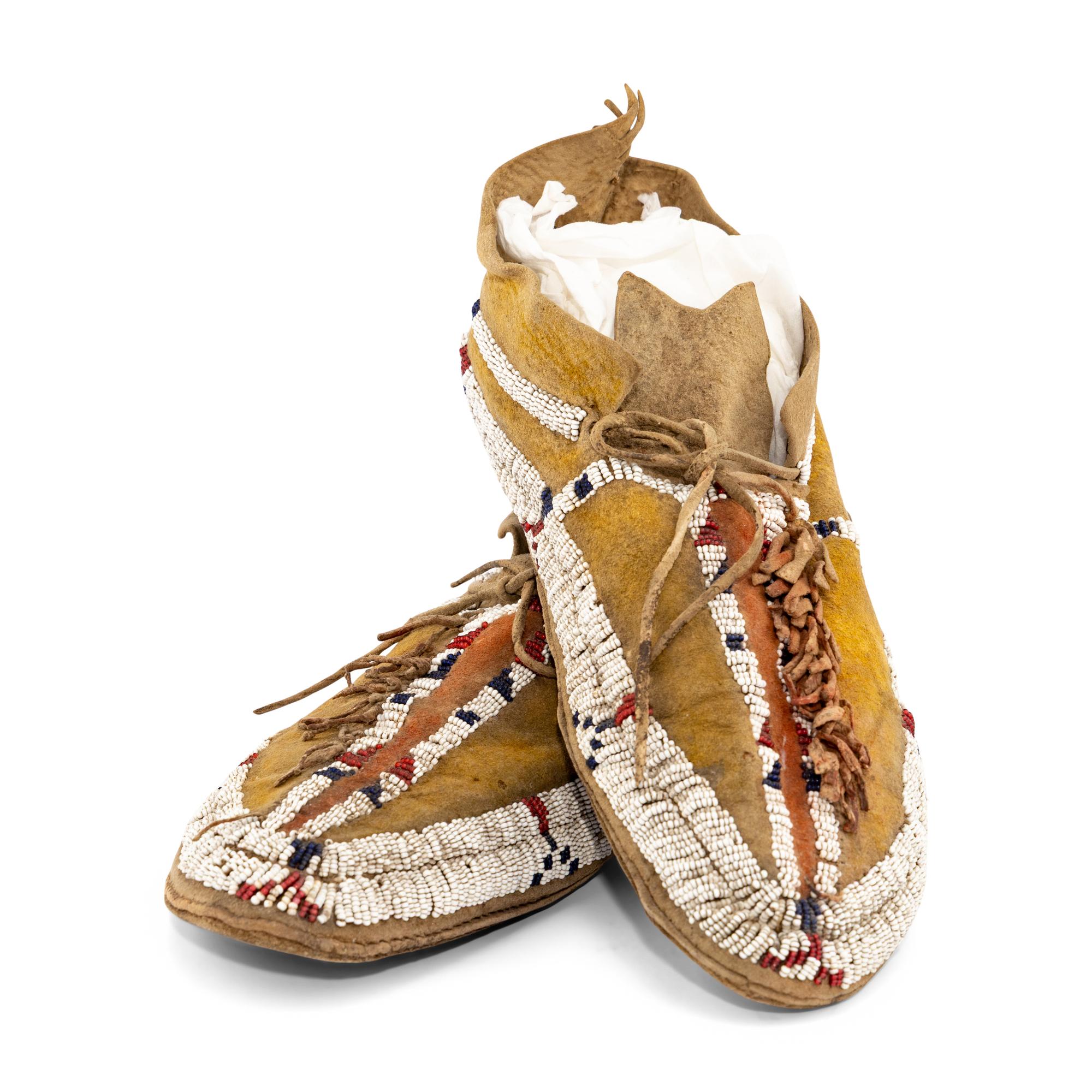 Kiowa Painted and Beaded Hide Moccasins